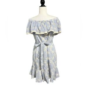 🆕 MISS ME Embroidered Stripes Off The Shoulder Ruffle Dress